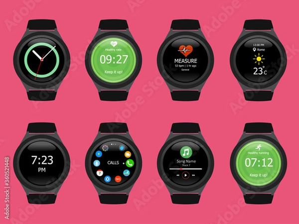 Fototapeta Smart watches wearable collection computer new technology. Vector Illustration. Pink background.