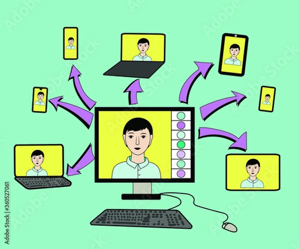 Obraz Work and study at home, remotely via the Internet via video. Ability to communicate via mobile devices, computers, tablets, phones. Ability to stay in touch during quarantine. Vector illustration.