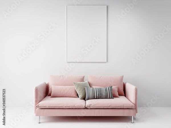 Fototapeta white vertical empty mock-up picture frame on white wall, above scandinavian pink sofa, 3D background concept illustration