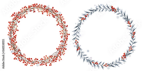 Fototapeta Winter wreath set. Branches with red holly berries. Round New year and Christmas frames with place for date, inscription, text. For your greeting cards, banners, invitation, announcements