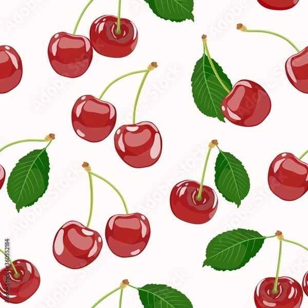 Obraz Seamless pattern with ripe cherries. Berry bunches. Vector illustration