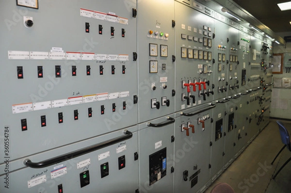 Fototapeta Ship engine room switchboard panel