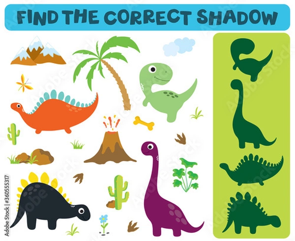 Fototapeta Find the correct shadow: Adorable dinosaurs isolated on white background