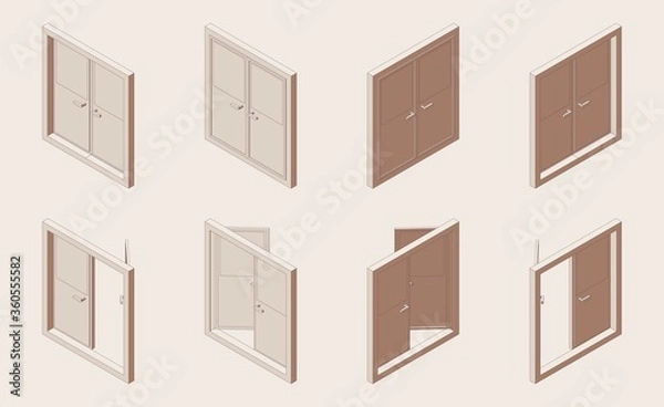Fototapeta Isometric outline set of closed and open double doors