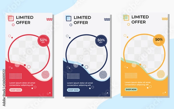 Fototapeta Collection of minimalist social media stories post template with mockup frame concept, wave shapes and memphis style