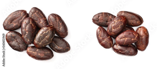 Fototapeta peeled cocoa beans isolated on white background, top view