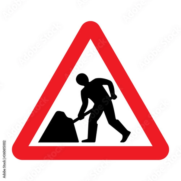 Fototapeta Road work traffic sign. Under construction road warning sign. Vector illustration of red triangle mark with working man inside.