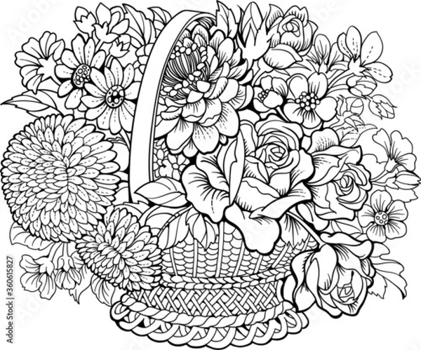 Obraz Basket with different flowers. Coloring page