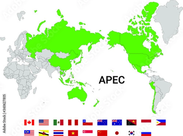 Fototapeta Map of world with apec countries and flags