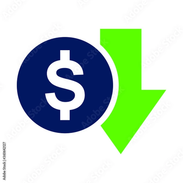 Fototapeta Low cost or cost reduction icon. Dollar down symbol vector illustration isolated on white background