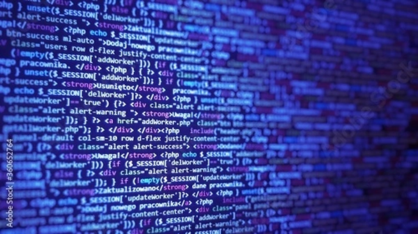 Fototapeta Background to programmer's job offer. Ad with work for developer. Blue software developer. Code on monitor.