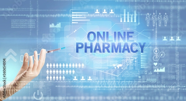 Obraz Close-up view of doctor's hand in a white glove holding syringe with ONLINE PHARMACY inscription, healthcare and medical concept