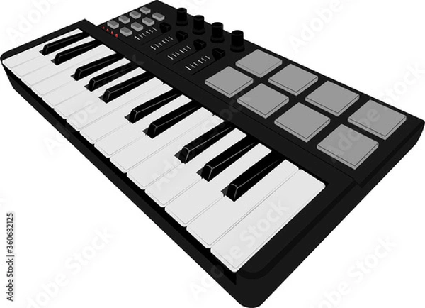 Obraz Musical instrument MIDI keyboard with pads. Buttons, setting knobs and keys. Vector.