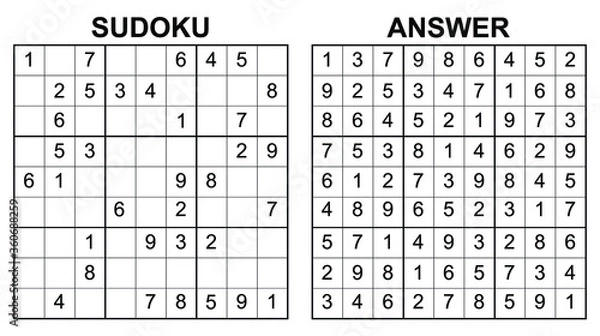 Fototapeta Vector sudoku with answer. Educational game with numbers for kids and leisure for adult on white background.