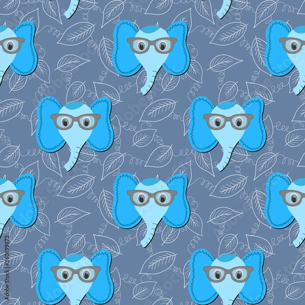 Obraz Seamless pattern with cute blue elephant face in sunglasses on floral background. Vector flat animals colorful illustration for kids. Adorable cartoon character. Design for card, fabric, textile.