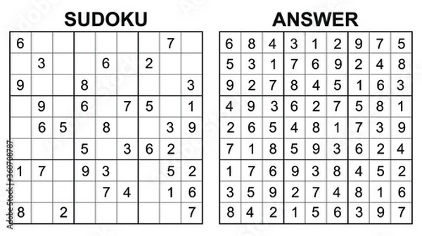 Fototapeta Vector sudoku with answer. Educational game with numbers for kids and leisure for adult on white background.