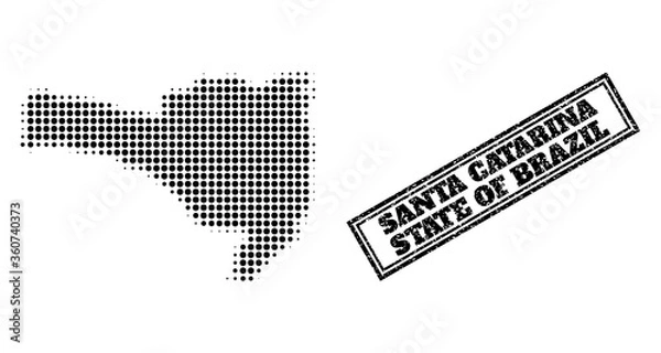 Fototapeta Halftone map of Santa Catarina State, and textured seal. Halftone map of Santa Catarina State designed with small black spheric pixels. Vector seal with scratched style, double framed rectangle,