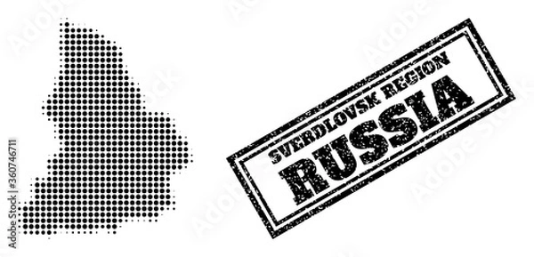 Fototapeta Halftone map of Sverdlovsk Region, and textured seal stamp. Halftone map of Sverdlovsk Region constructed with small black circle dots. Vector watermark with corroded style, double framed rectangle,