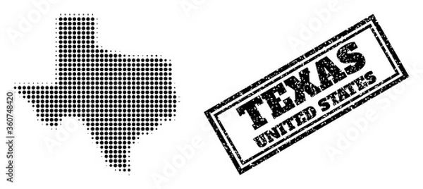 Fototapeta Halftone map of Texas State, and rubber seal. Halftone map of Texas State designed with small black round items. Vector seal with retro style, double framed rectangle, in black color.