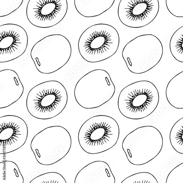 Fototapeta Seamless vector pattern with kiwi. Simple outline black and white drawing with fruit.