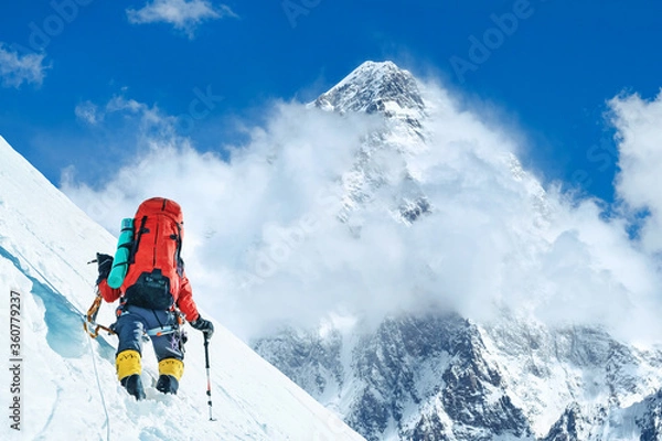 Obraz Climber reaches the summit of mountain peak. National Park, Nepal.