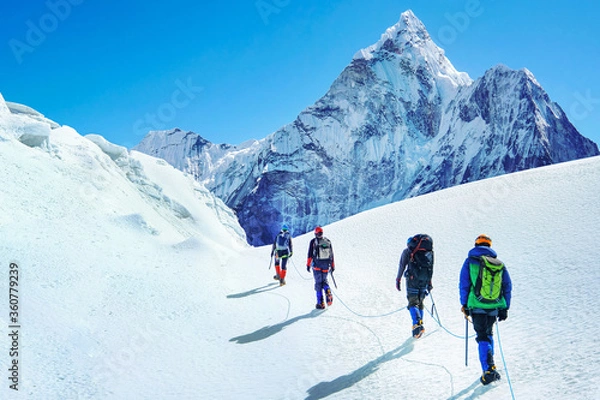 Fototapeta Group of climbers reaches the summit of mountain peak enjoying the landscape view.