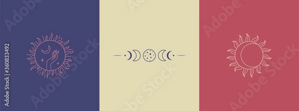 Fototapeta Zestaw liniowych magicznych znaków i symboli. Tajemnicze ilustracje. Logo sklepu izoterycznego, dla wiedźmy. Sylwetka dłoni w kręgu trzyma księżyc i gwiazdy, zaćmienie księżyca, stylizowane słońce.