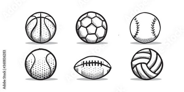 Fototapeta Vector Set of Sports Ball Hand Drawn Sketch Vintage Style Isolated in White
