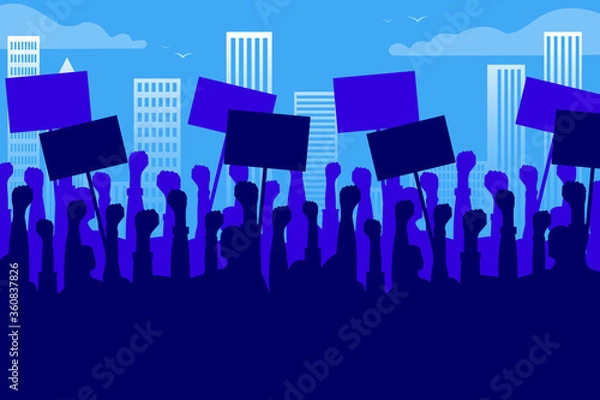 Fototapeta Public protests. Silhouettes of hands with posters on the background of the city, skyscrapers. Vector