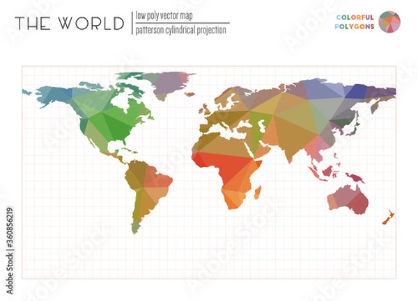 Fototapeta Triangular mesh of the world. Patterson cylindrical projection of the world. Colorful colored polygons. Elegant vector illustration.