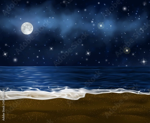 Fototapeta Realistic vector sand beach with twinkle pebbles at night. Vector coast under the starry sky with moon shining on it. Empty sea shore washed by waves with foam for your project and disign.