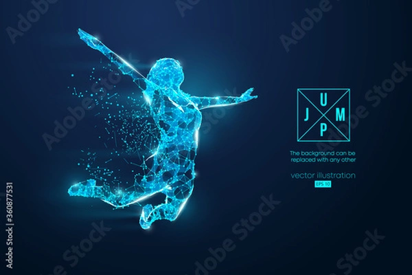 Obraz Abstract silhouette of a wireframe jumping woman. People in a jump symbolize freedom. Woman from particles on the blue background. Convenient organization of eps file. Vector. Thanks for watching