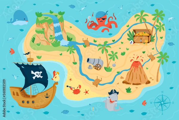 Fototapeta Mapa skarbów piratów dla dzieci w stylu cartoon. Śliczna koncepcja projektowania pokoju dziecięcego, tapety, tekstyliów, zabawy, odzieży. Ilustracji wektorowych