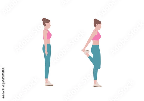 Obraz Young woman doing quadriceps stretch, cool down exercise. for doing Standing Quadricep Stretch. Balance pose, flexibility improvement. Isolated vector illustration in cartoon style. Fitness and health