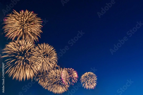 Fototapeta Isolates set of fireworks over the night blue sky background. Amazing work of pyrotechnics for celebrations and festivals. 