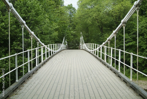 Obraz Old, white suspension bridge in a forest, made of wood and iron.