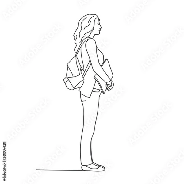 Fototapeta Young woman is standing with backpack on his back. Line drawing vector illustration.