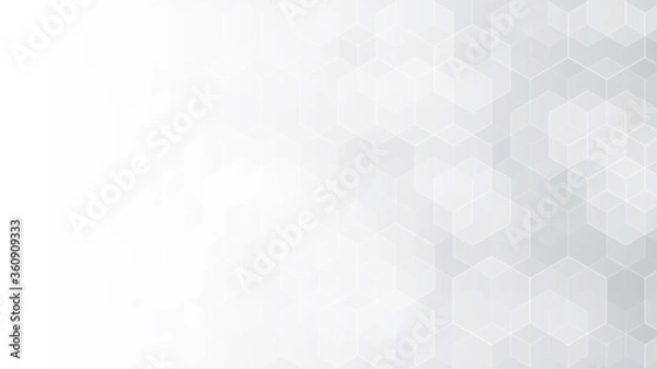 Obraz Abstract white hexagon background. Hexagonal pattern. Gray gradient backdrop. Neutral business presentation template. Monochrome wallpaper. Chemistry concept. Carbon organic formula. Honeycomb vector