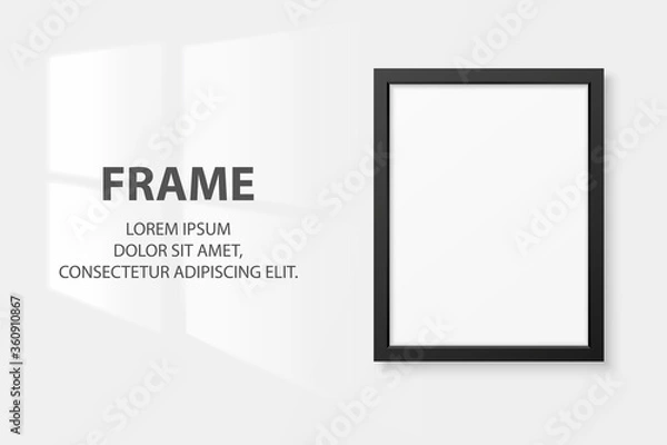Fototapeta Vector 3d Realistic Black A4 Wooden Simple Modern Frame Icon Closeup Isolated on White Wall Background with Window Light. It can be used for presentations. Design Template, Mockup, Front View
