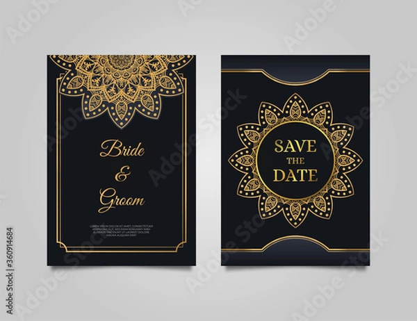 Fototapeta Luxury wedding invitation card design. Wedding invitation set with elegant black background. Cool invitation template with golden mandala ornament