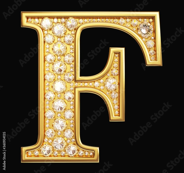 Fototapeta Golden letter "F" with diamonds on black background. Clipping path included.