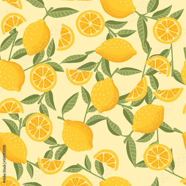 Fototapeta Seamless pattern of lemon citrus yellow fruit whole halved and sliced with green leaves flat vector illustration on beige background