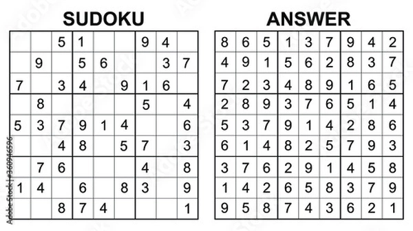 Fototapeta Vector sudoku with answer. Educational game with numbers for kids and leisure for adult on white background.