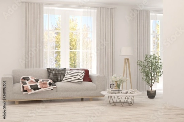 Fototapeta White living room with sofa. Scandinavian interior design. 3D illustration