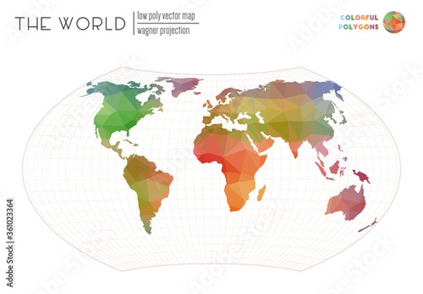 Fototapeta Abstract geometric world map. Wagner projection of the world. Colorful colored polygons. Beautiful vector illustration.