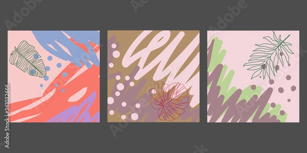 Fototapeta Set of artistic colorful tropical universal cards. Wedding, anniversary, birthday, holiday, party. Design for poster, card, invitation. Vector illustration