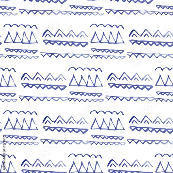 Obraz Vector seamless pattern ethnic indigo watercolor with blue trinagles, chevrons and white background.