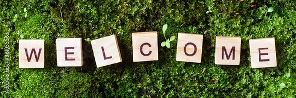 Obraz Word welcome. The word welcome is written on a background of moss. The letters on the wooden blocks add up to the word welcome. The view from the top. Banner