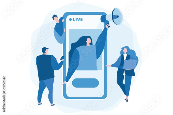 Fototapeta Live streaming event Vector illustration for web banner, infographics, mobile. Woman in smartphone.