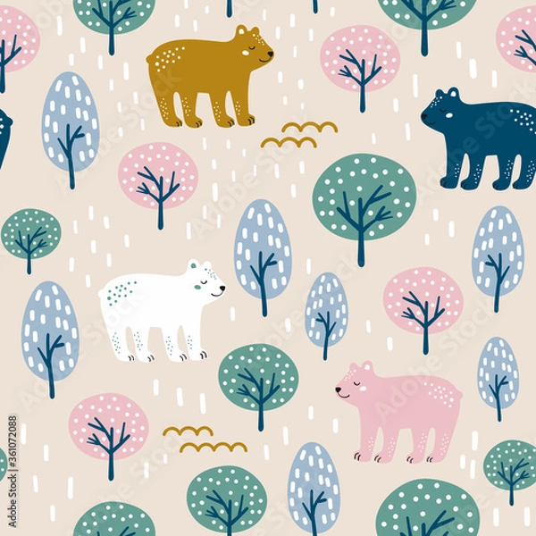 Fototapeta Seamless woodland pattern with cute bear and hand drawn elements.